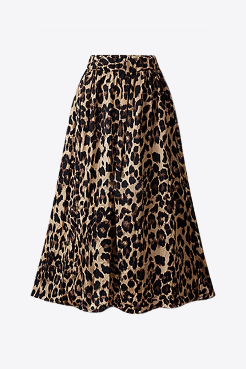 Plus Size Leopard Elastic Waist Midi Skirt - Bottoms