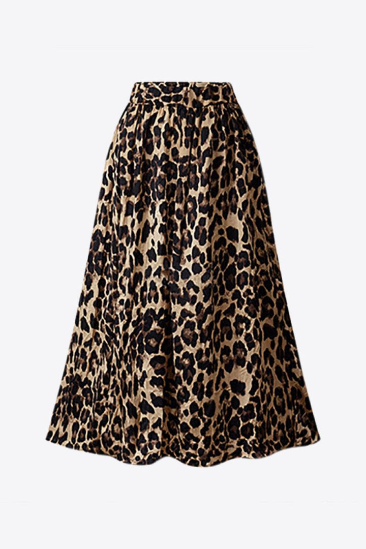Plus Size Leopard Elastic Waist Midi Skirt - Bottoms