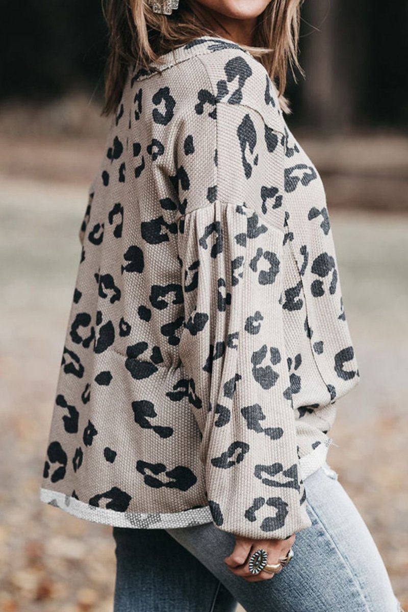 Plus Size Leopard V - Neck Dropped Shoulder T-Shirt - Top