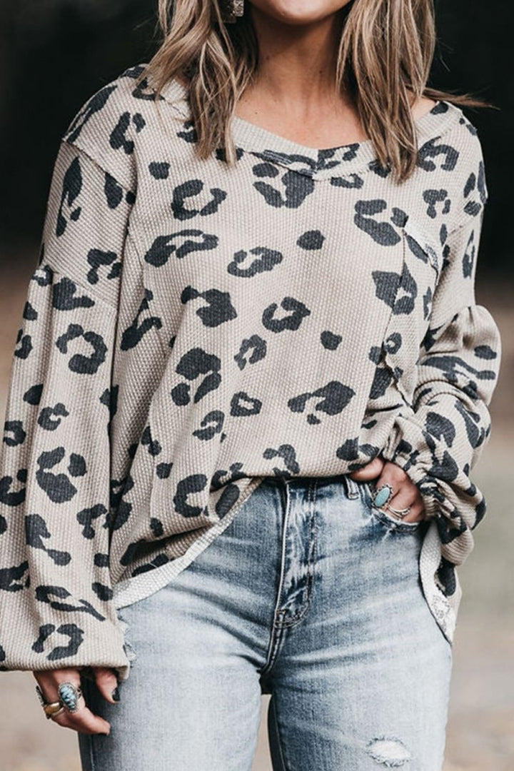 Plus Size Leopard V - Neck Dropped Shoulder T-Shirt - Top
