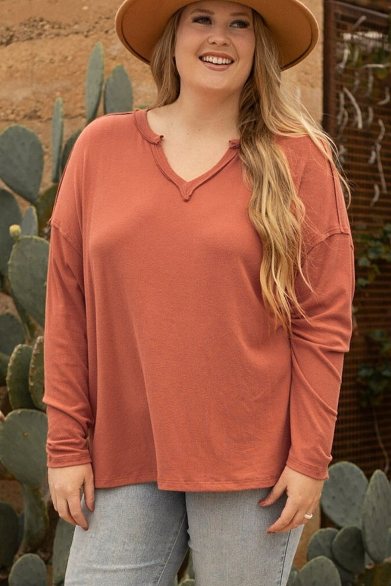 Plus Size Notched Long Sleeve T-Shirt - Top