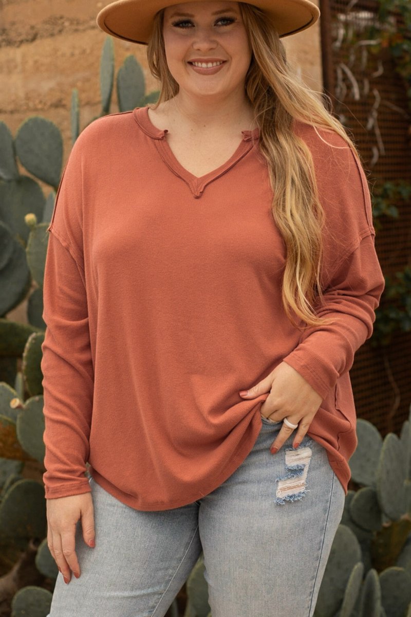Plus Size Notched Long Sleeve T-Shirt - Top