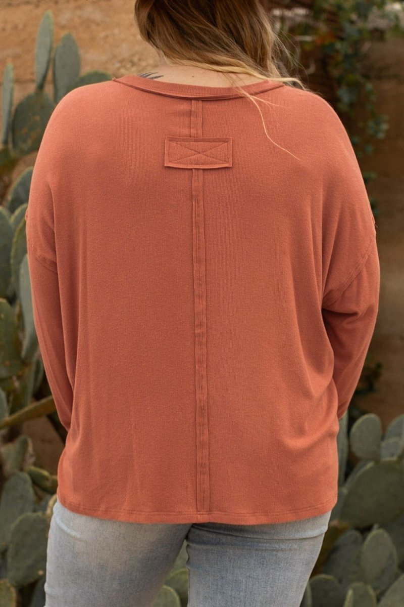 Plus Size Notched Long Sleeve T-Shirt - Top