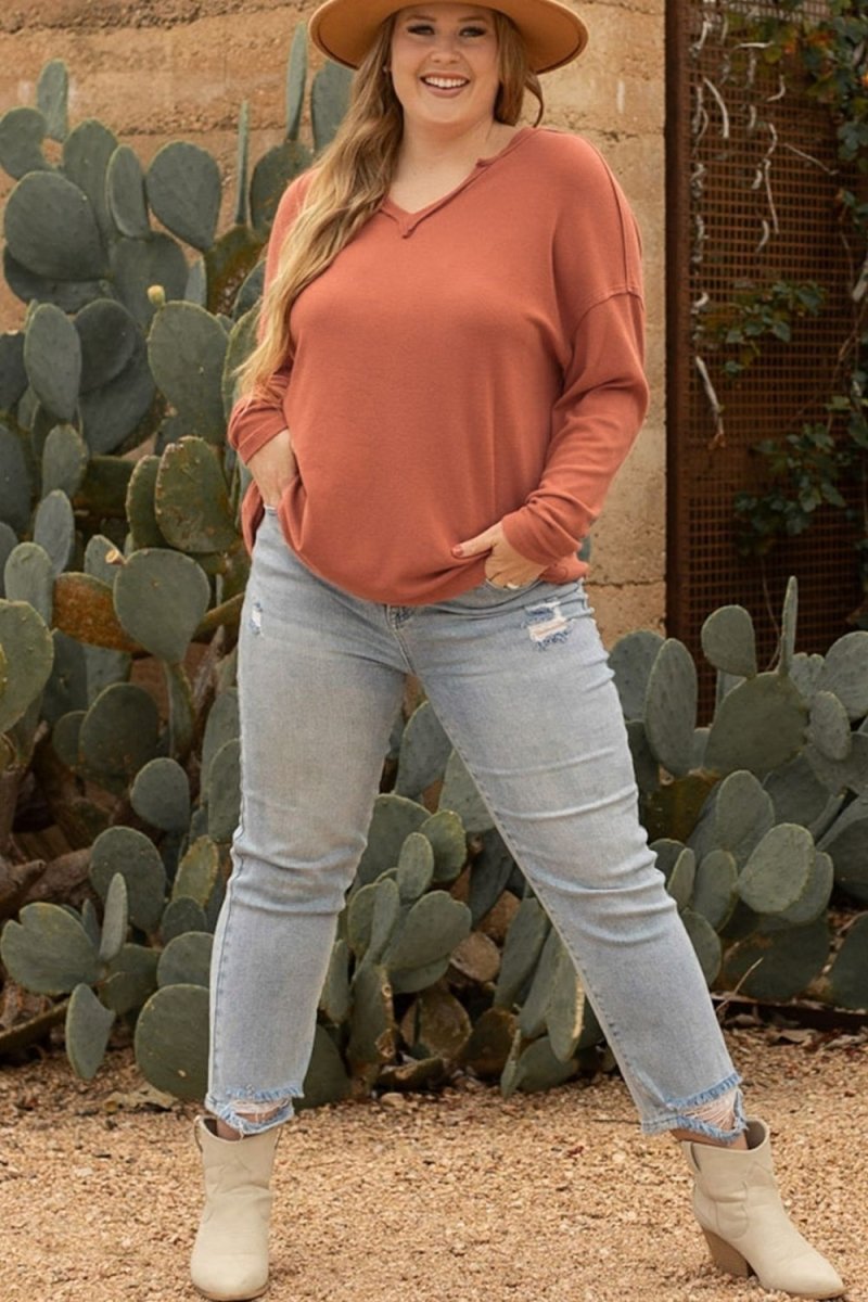 Plus Size Notched Long Sleeve T-Shirt - Top