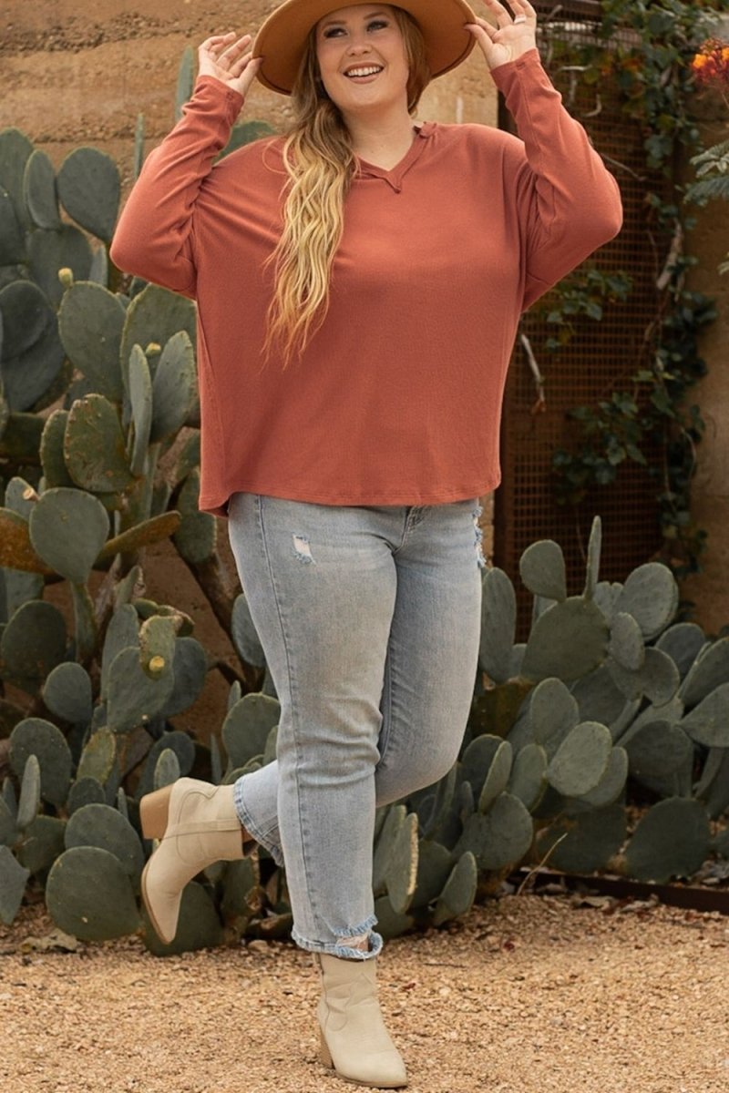 Plus Size Notched Long Sleeve T-Shirt - Top