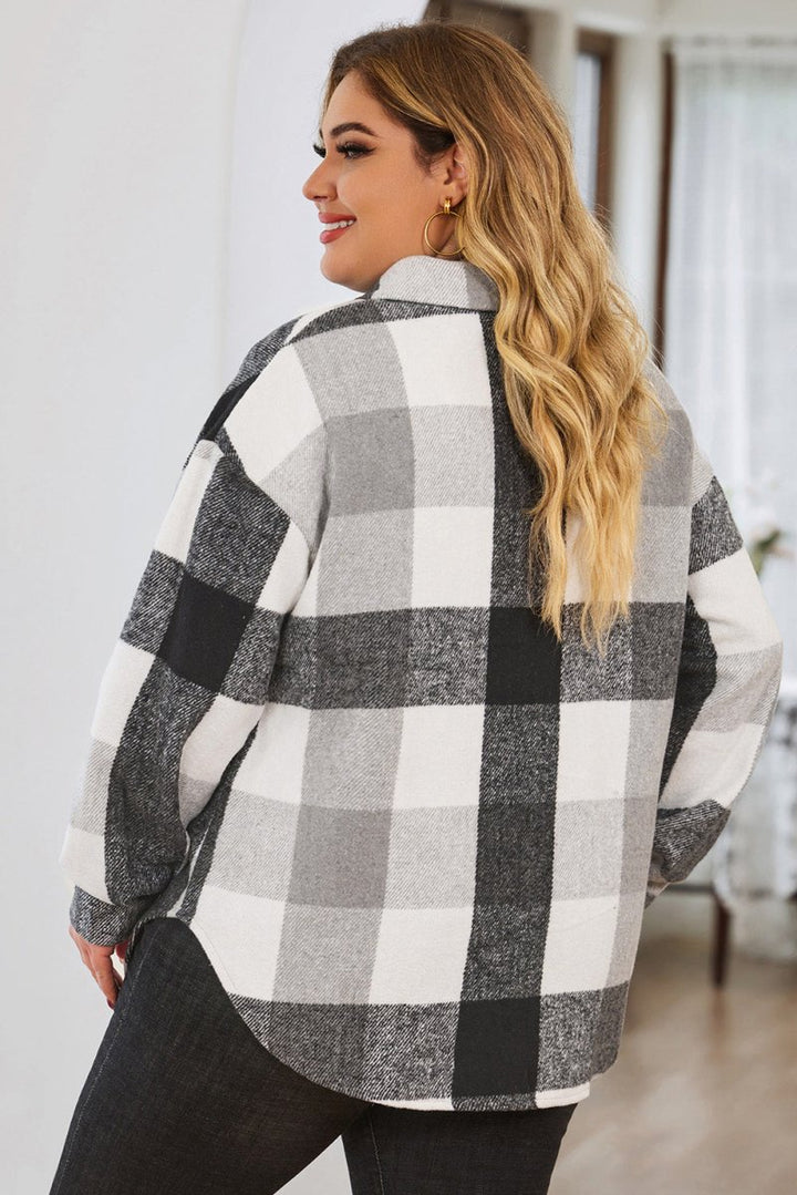 Plus Size Plaid Button Up Collared Neck Jacket - Outerwear