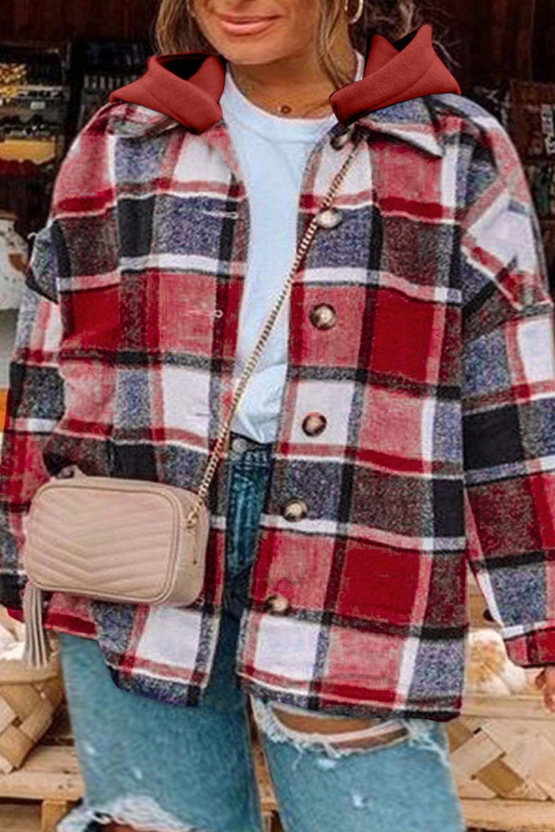 Plus Size Plaid Button Up Hooded Jacket - Outerwear