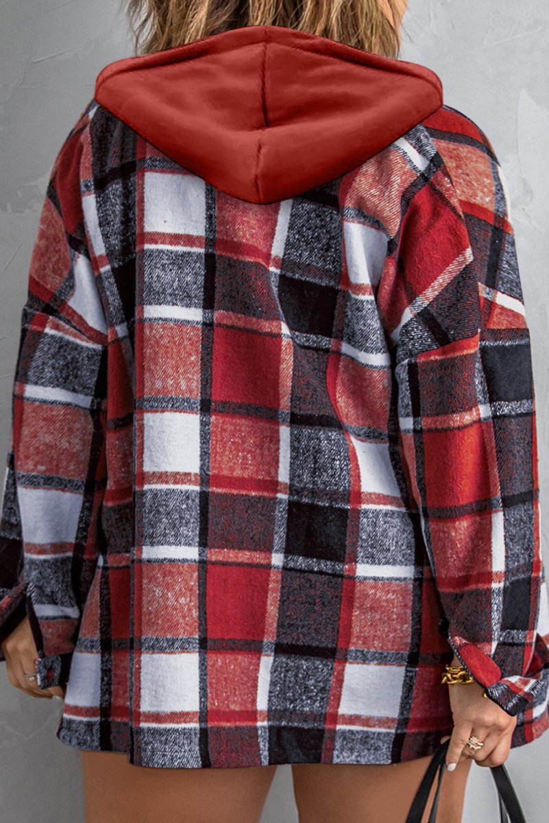 Plus Size Plaid Button Up Hooded Jacket - Outerwear