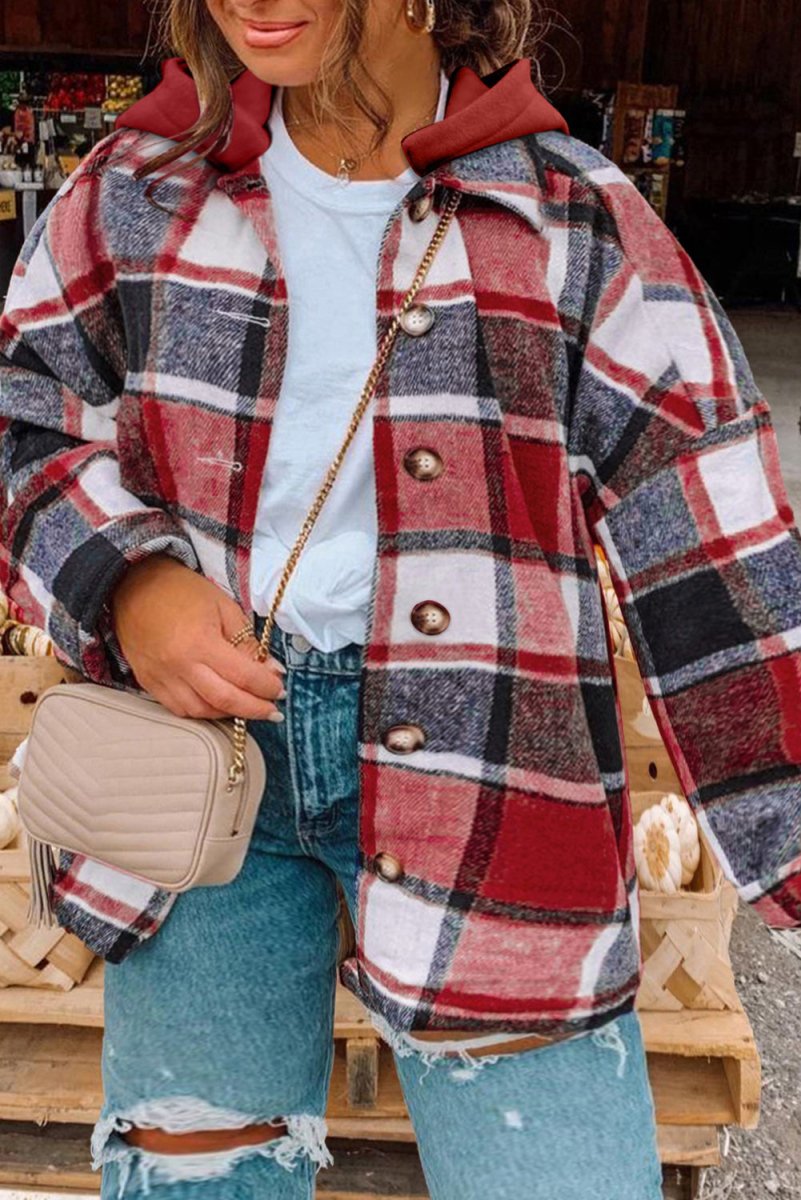 Plus Size Plaid Button Up Hooded Jacket - Outerwear