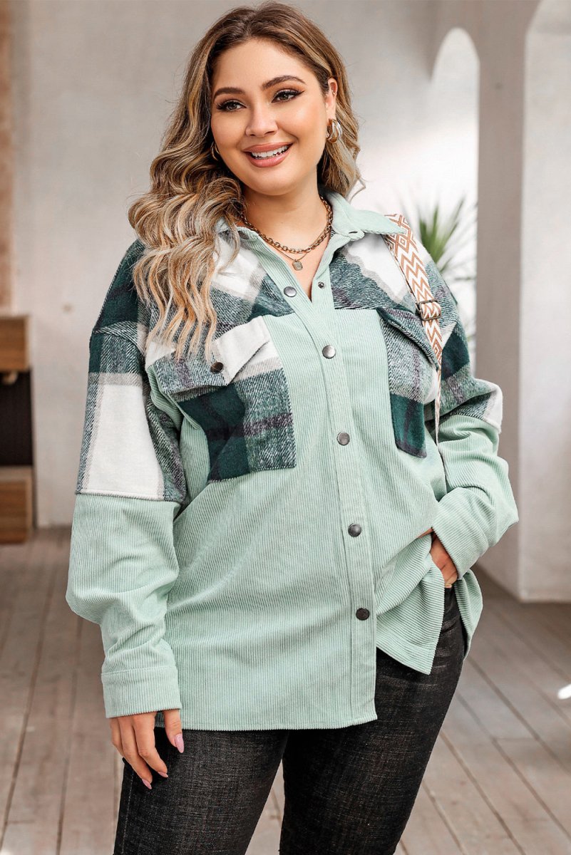 Plus Size Plaid Snap Down Jacket with Pockets - Outerwear
