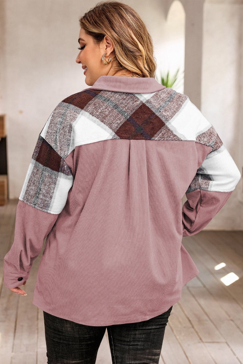 Plus Size Plaid Snap Down Jacket with Pockets - Outerwear