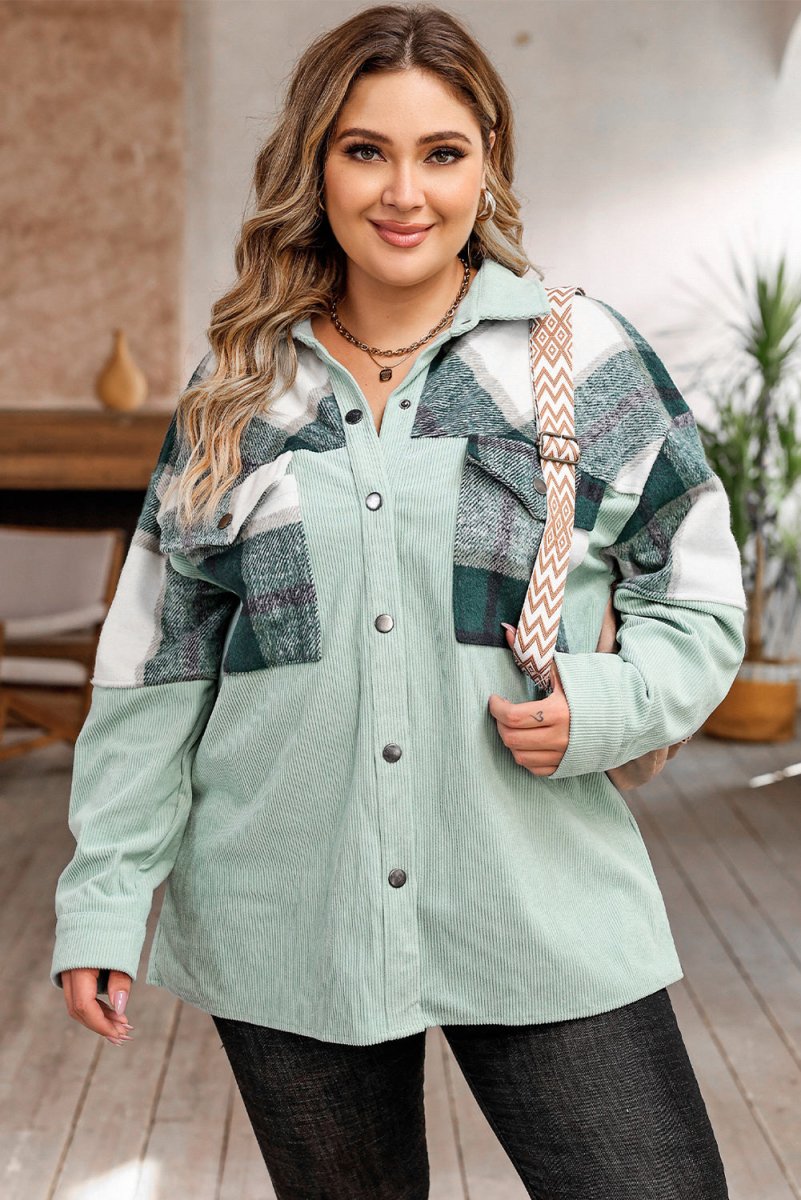 Plus Size Plaid Snap Down Jacket with Pockets - Outerwear