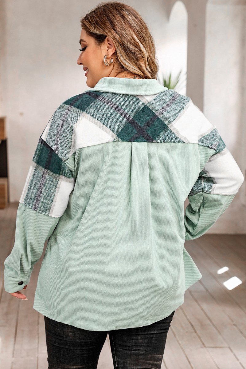 Plus Size Plaid Snap Down Jacket with Pockets - Outerwear