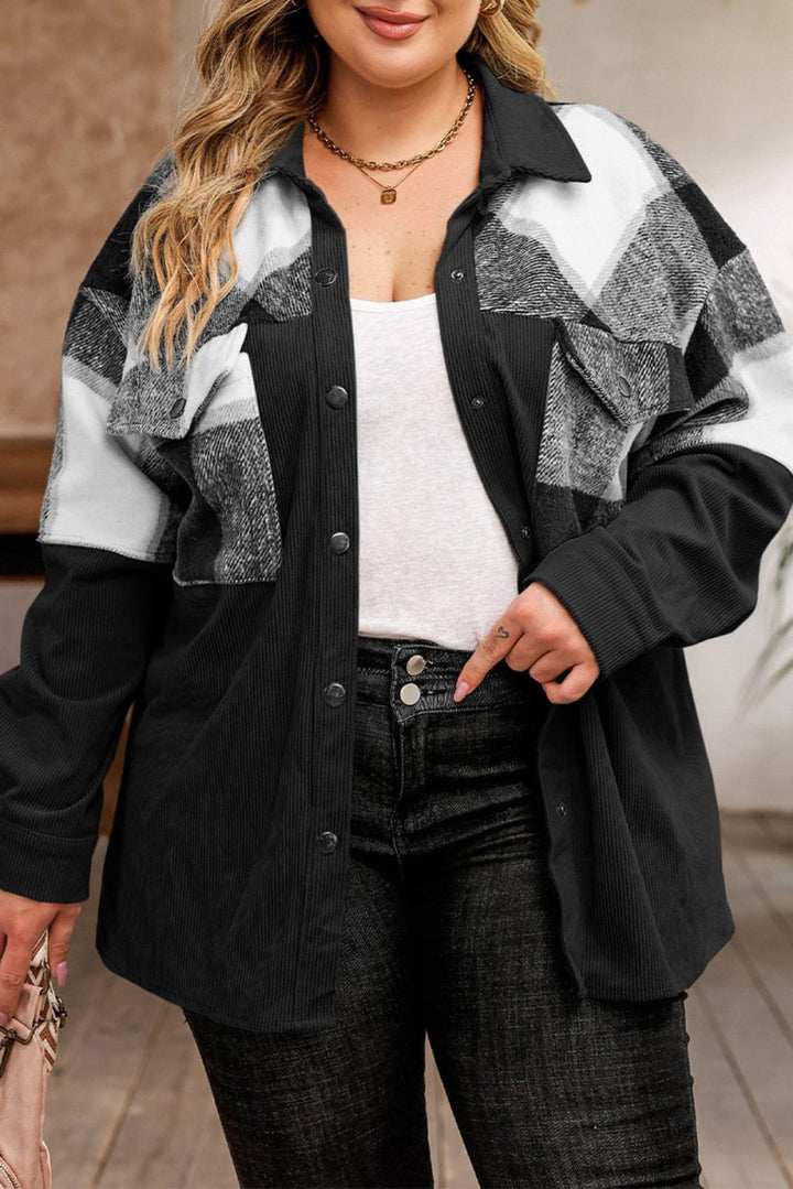Plus Size Plaid Snap Down Jacket with Pockets - Outerwear