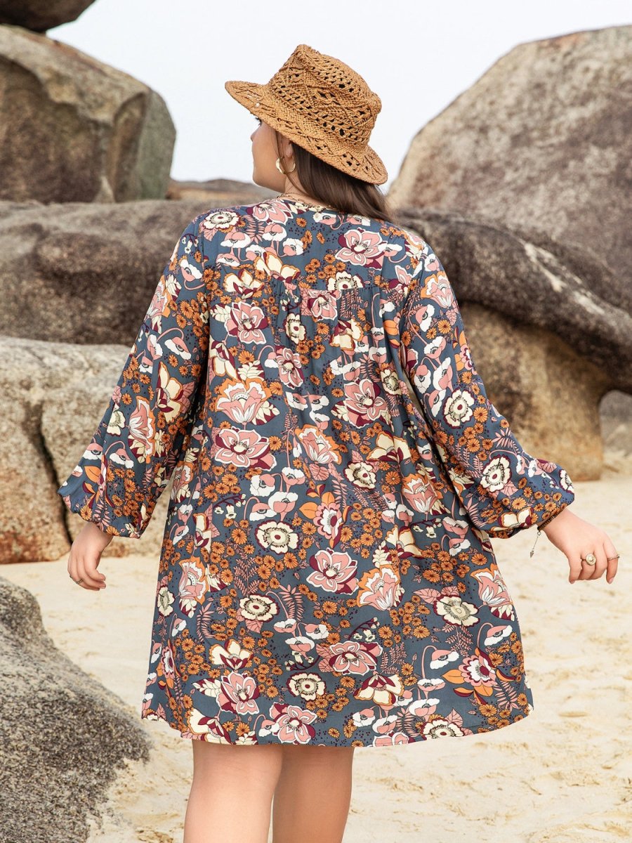 Plus Size Printed V - Neck Balloon Sleeve Mini Dress - Day Dress