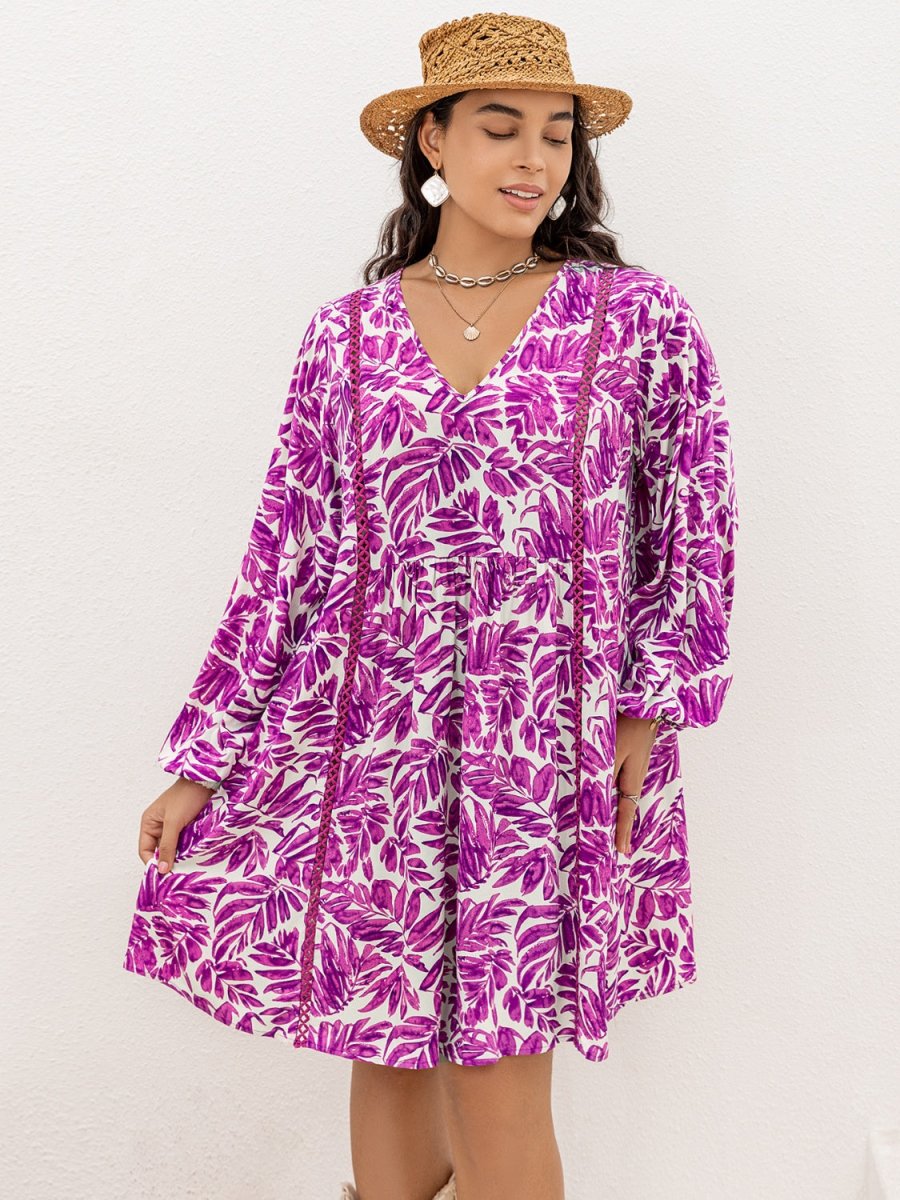 Plus Size Printed V - Neck Balloon Sleeve Mini Dress - Day Dress