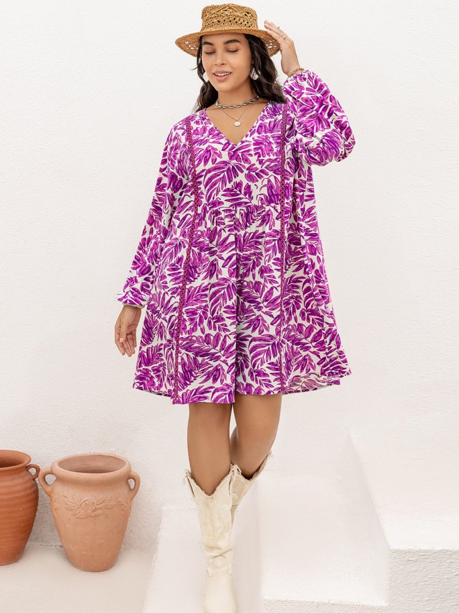 Plus Size Printed V - Neck Balloon Sleeve Mini Dress - Day Dress