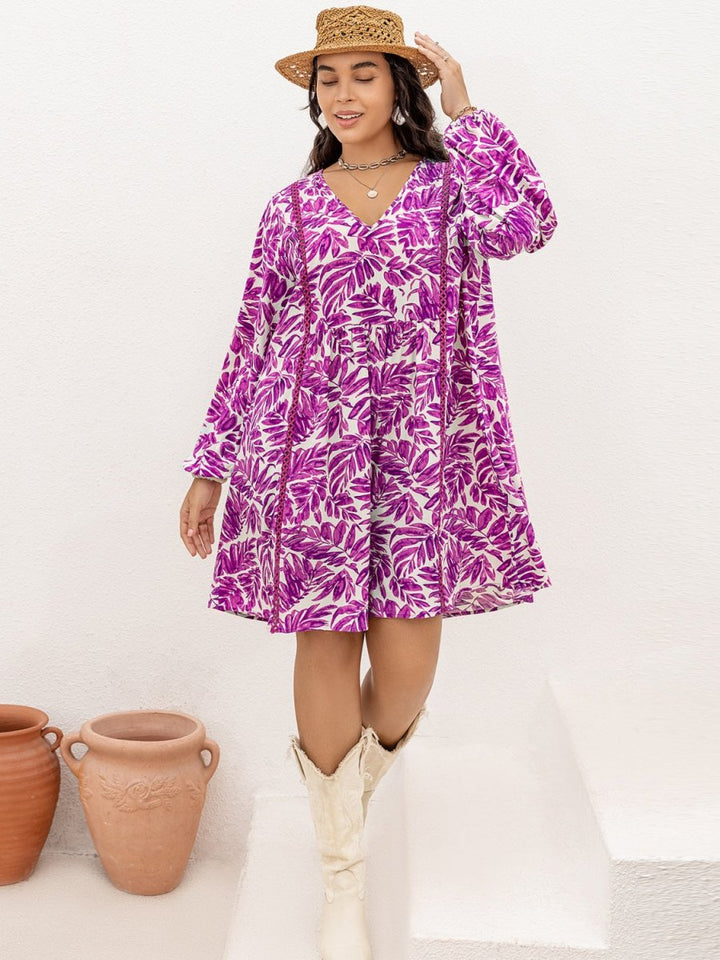 Plus Size Printed V - Neck Balloon Sleeve Mini Dress - Day Dress