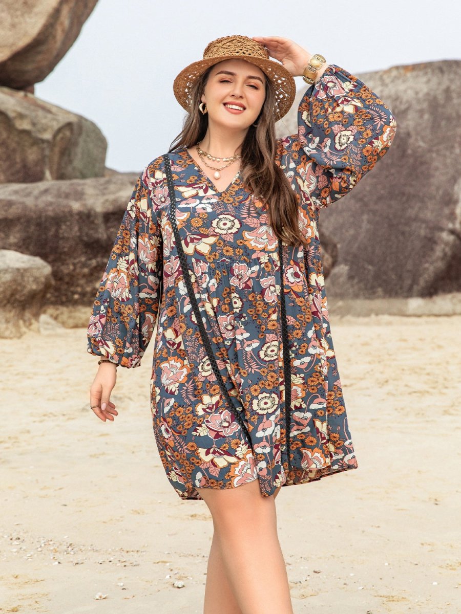 Plus Size Printed V - Neck Balloon Sleeve Mini Dress - Day Dress