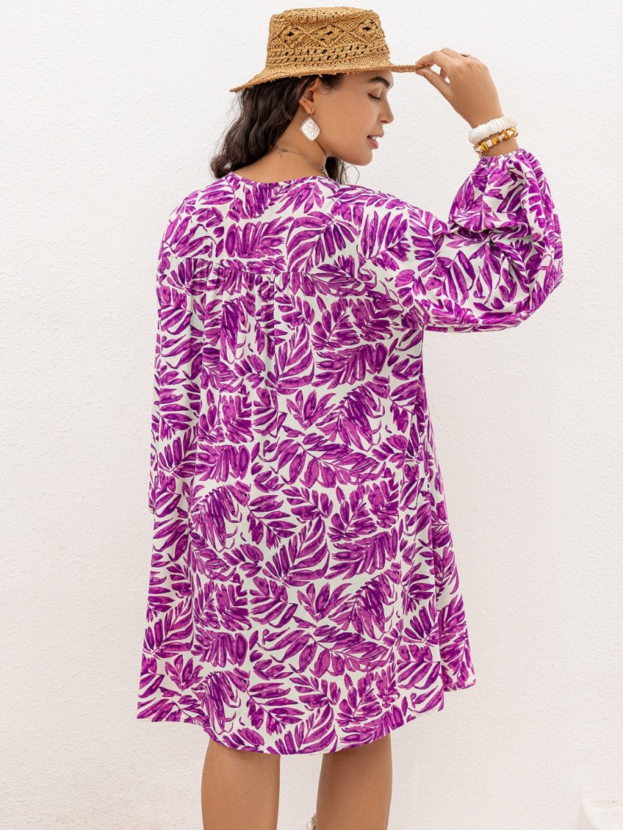 Plus Size Printed V - Neck Balloon Sleeve Mini Dress - Day Dress