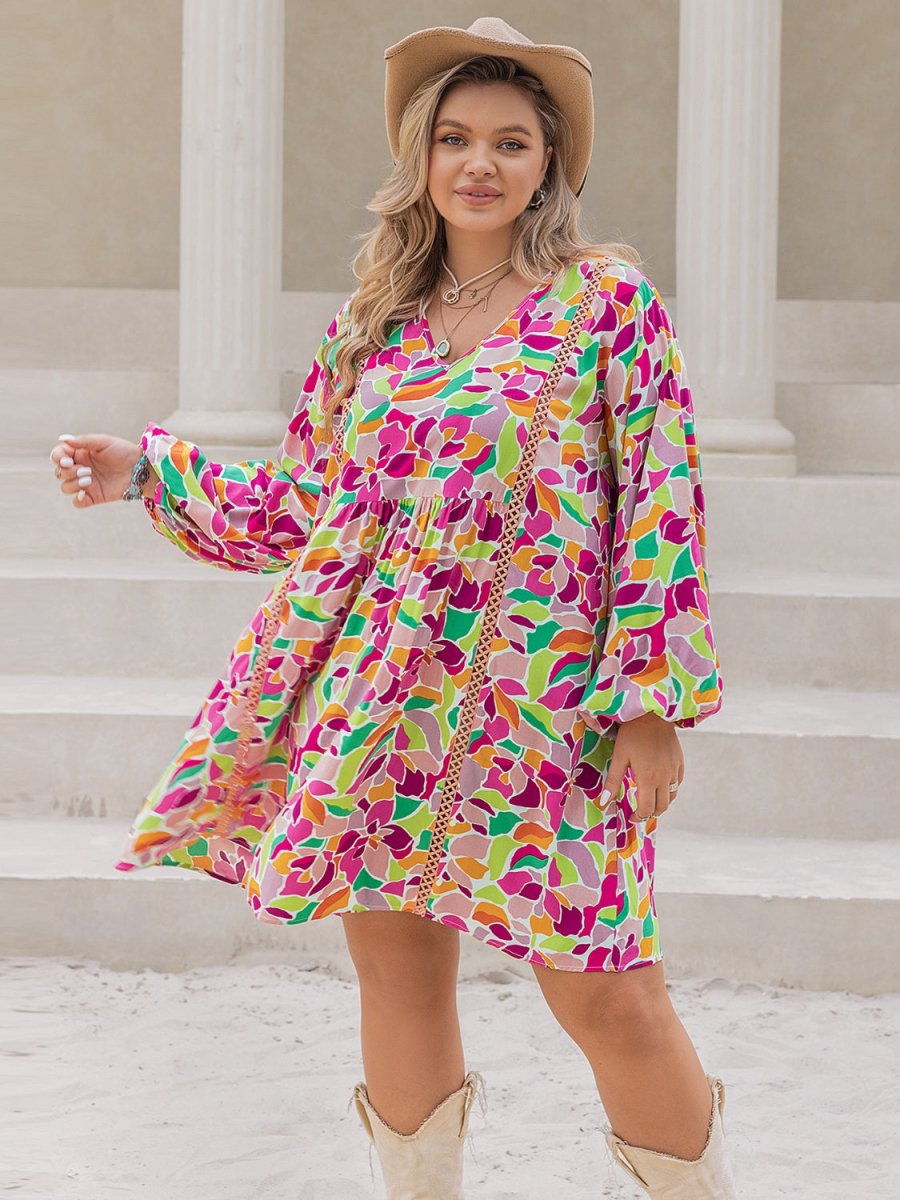 Plus Size Printed V - Neck Balloon Sleeve Mini Dress - Day Dress