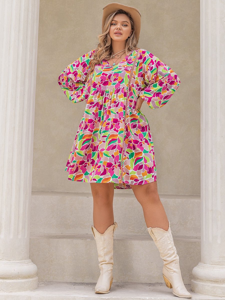 Plus Size Printed V - Neck Balloon Sleeve Mini Dress - Day Dress
