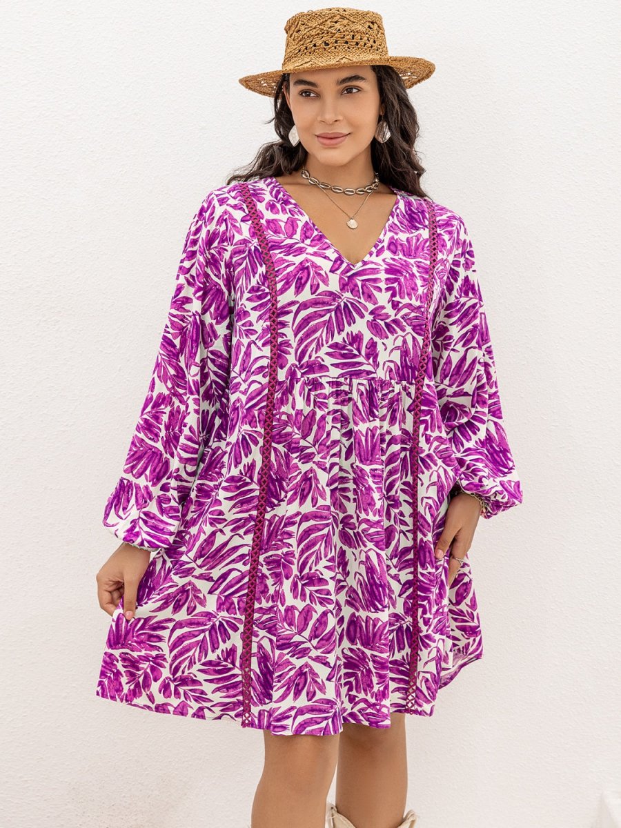 Plus Size Printed V - Neck Balloon Sleeve Mini Dress - Day Dress