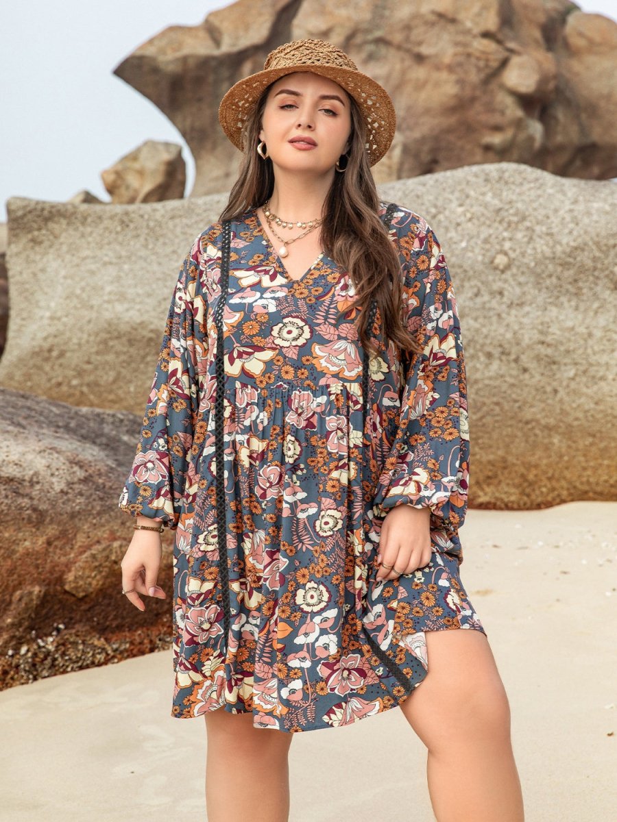 Plus Size Printed V - Neck Balloon Sleeve Mini Dress - Day Dress