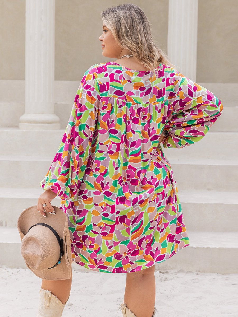 Plus Size Printed V - Neck Balloon Sleeve Mini Dress - Day Dress