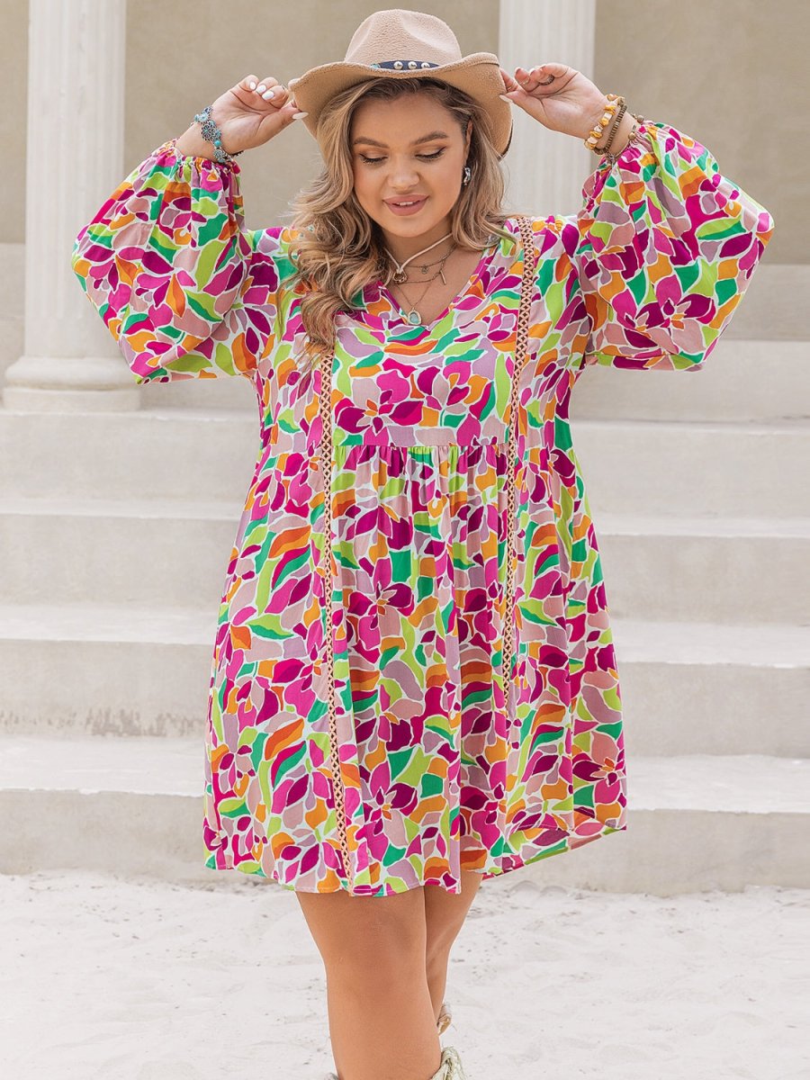 Plus Size Printed V - Neck Balloon Sleeve Mini Dress - Day Dress