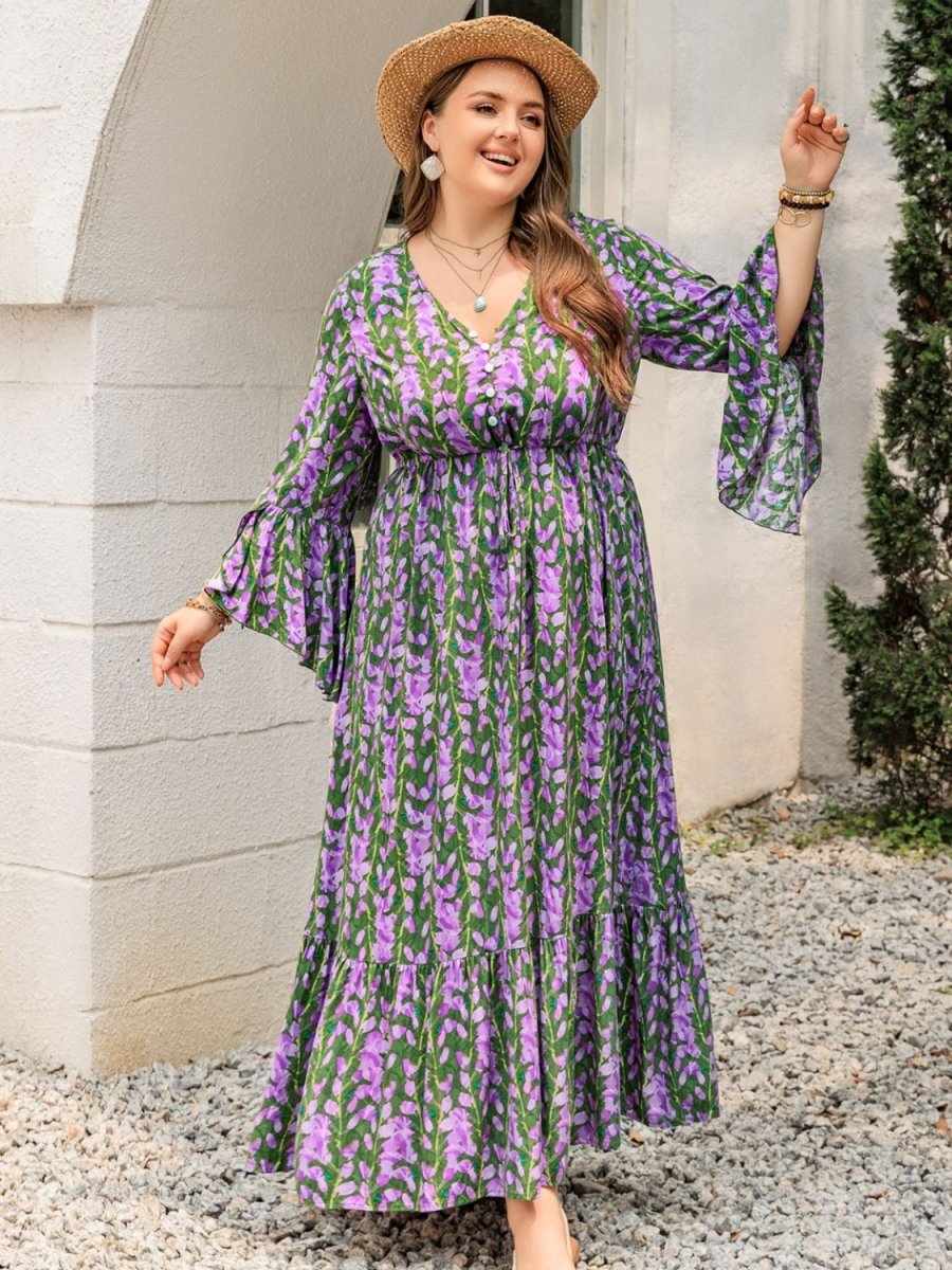 Plus Size Printed V - Neck Long Sleeve Maxi Dress - Day Dress