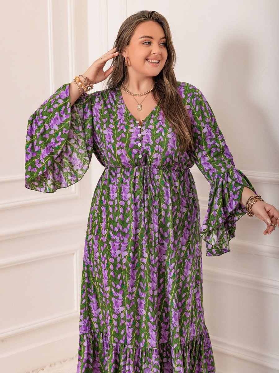 Plus Size Printed V - Neck Long Sleeve Maxi Dress - Day Dress