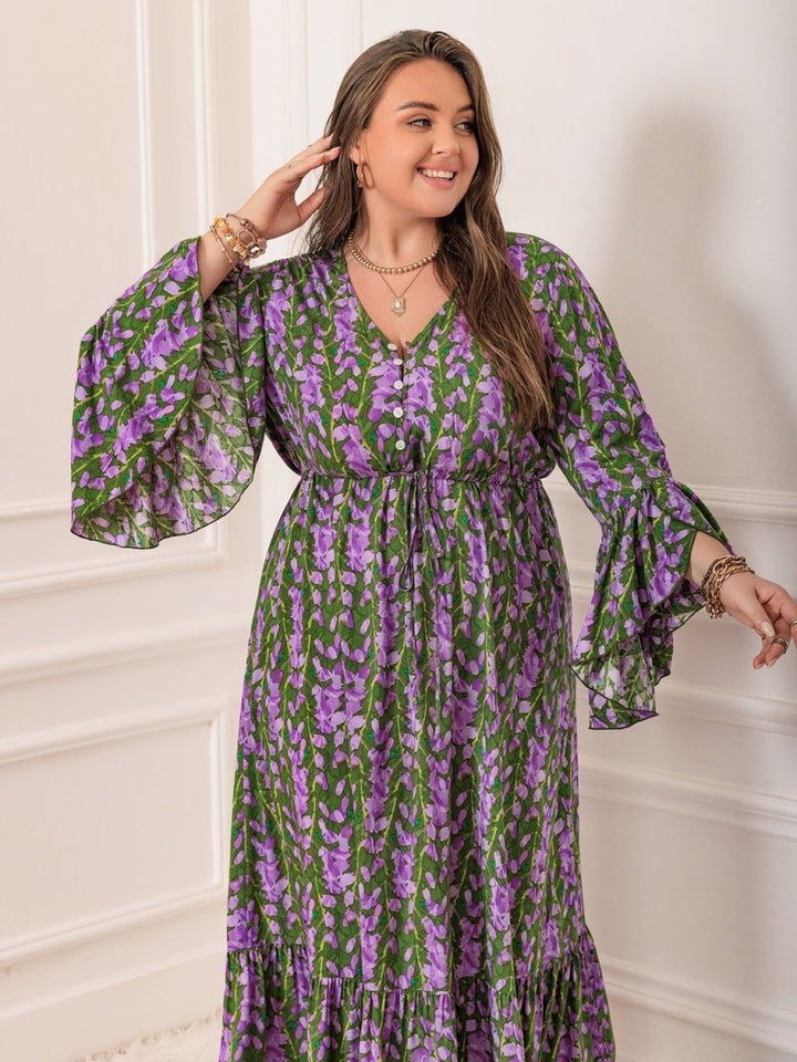 Plus Size Printed V - Neck Long Sleeve Maxi Dress - Day Dress