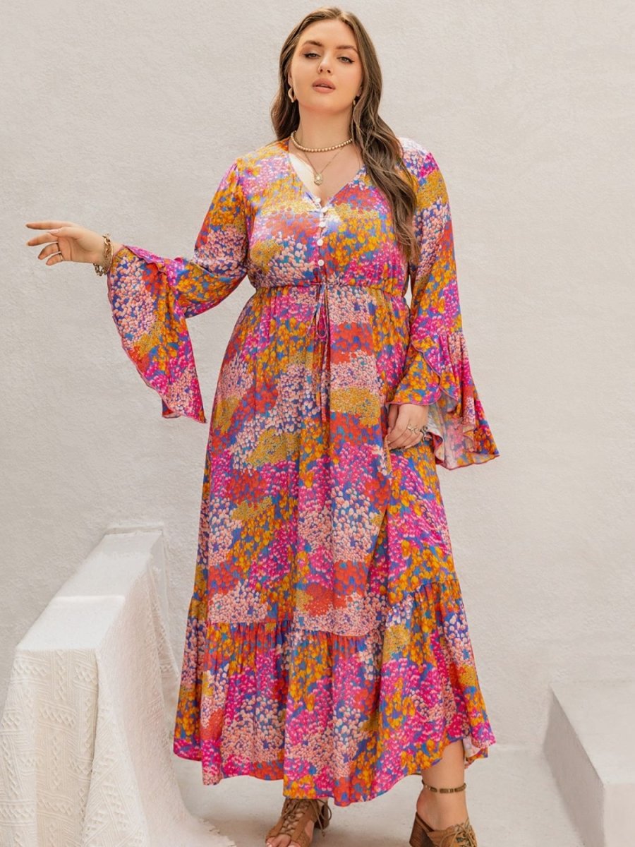 Plus Size Printed V - Neck Long Sleeve Maxi Dress - Day Dress