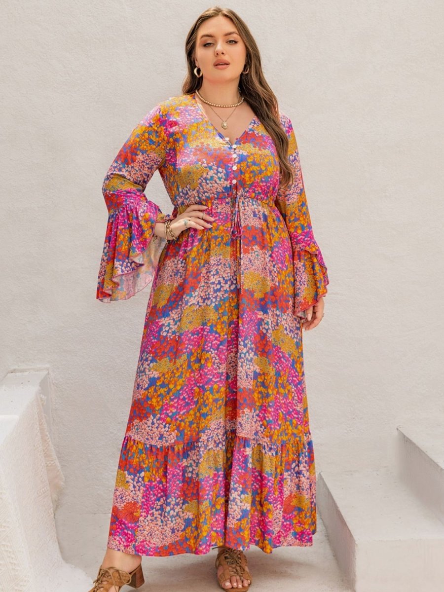 Plus Size Printed V - Neck Long Sleeve Maxi Dress - Day Dress