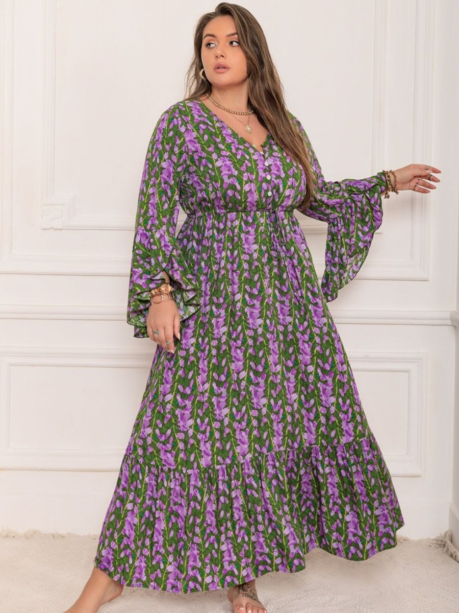 Plus Size Printed V - Neck Long Sleeve Maxi Dress - Day Dress