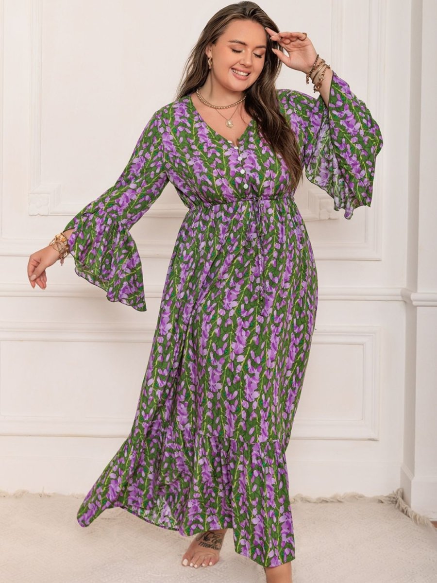 Plus Size Printed V - Neck Long Sleeve Maxi Dress - Day Dress