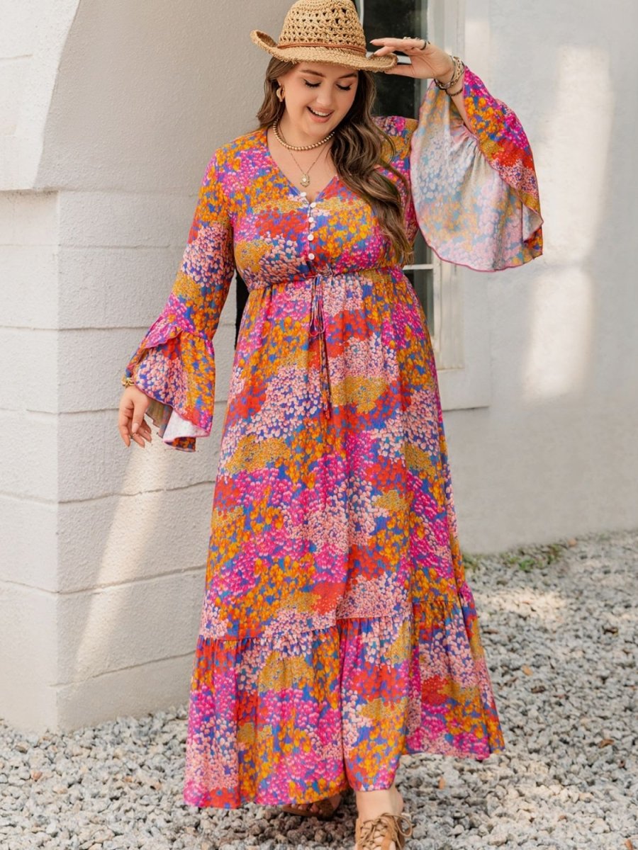 Plus Size Printed V - Neck Long Sleeve Maxi Dress - Day Dress