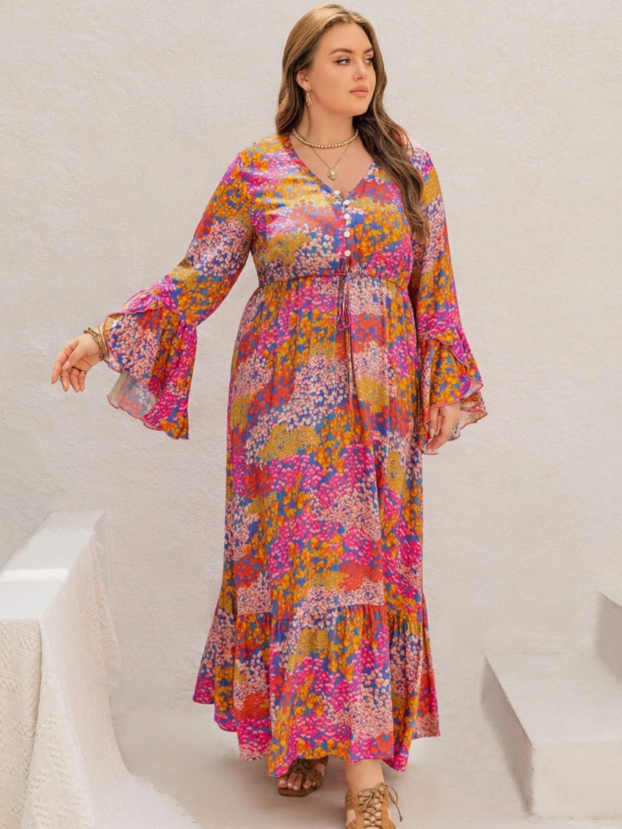Plus Size Printed V - Neck Long Sleeve Maxi Dress - Day Dress