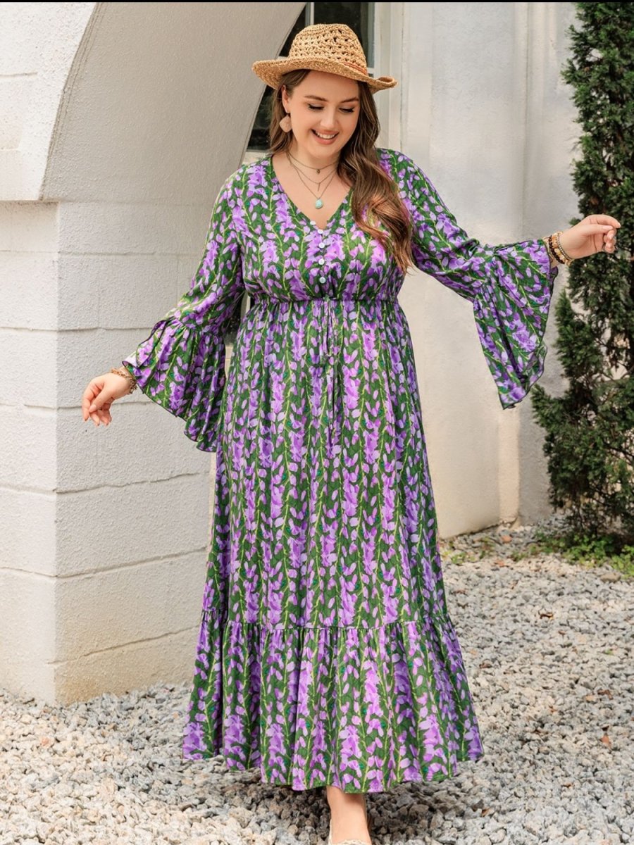 Plus Size Printed V - Neck Long Sleeve Maxi Dress - Day Dress