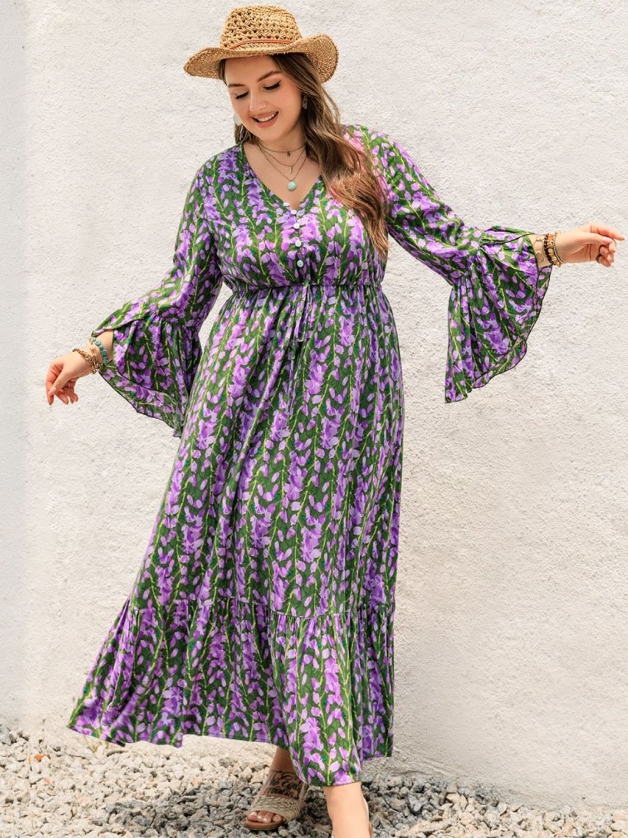 Plus Size Printed V - Neck Long Sleeve Maxi Dress - Day Dress