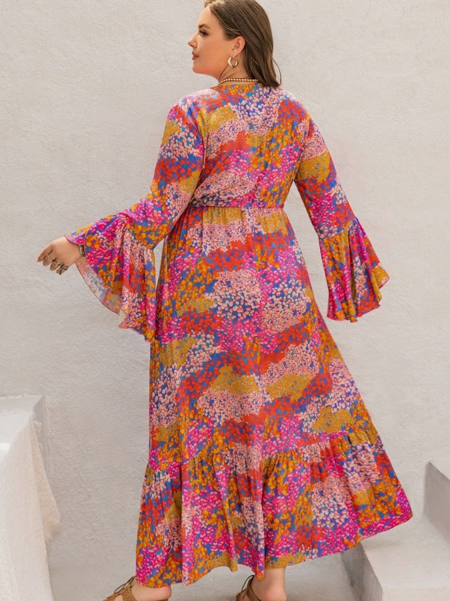 Plus Size Printed V - Neck Long Sleeve Maxi Dress - Day Dress