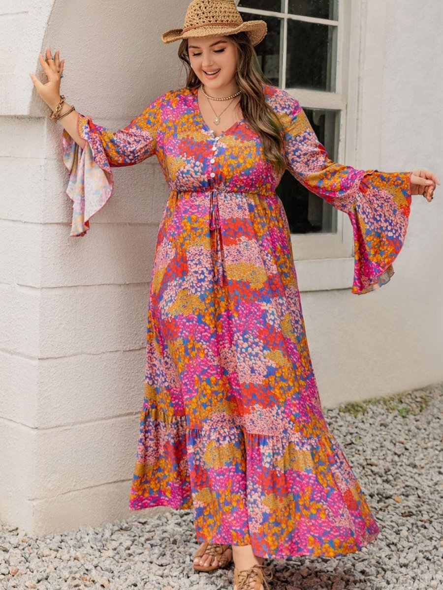 Plus Size Printed V - Neck Long Sleeve Maxi Dress - Day Dress