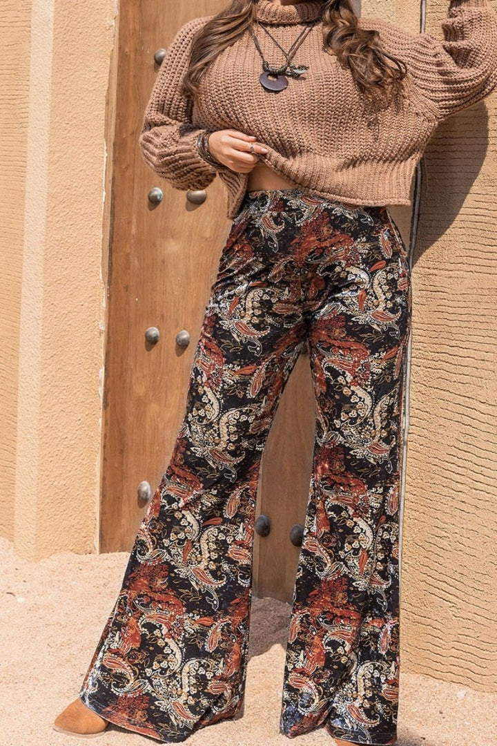Plus Size Printed Wide Leg Long Pants - Bottoms