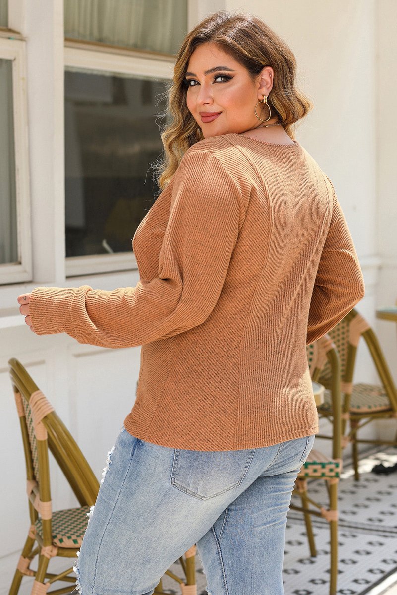 Plus Size Ribbed Scoop Neck Long Sleeve T-Shirt - Top