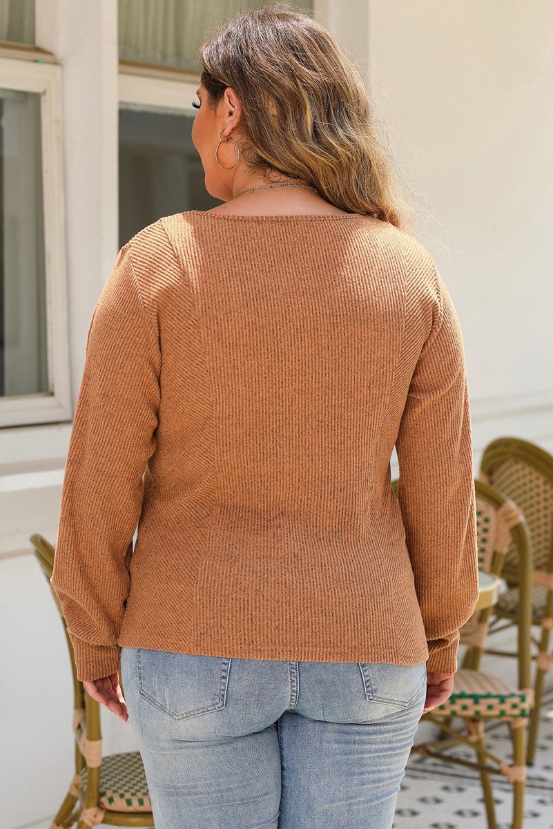 Plus Size Ribbed Scoop Neck Long Sleeve T-Shirt - Top