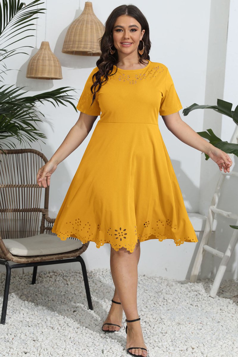 Plus Size Round Neck Openwork Dress - Day Dress