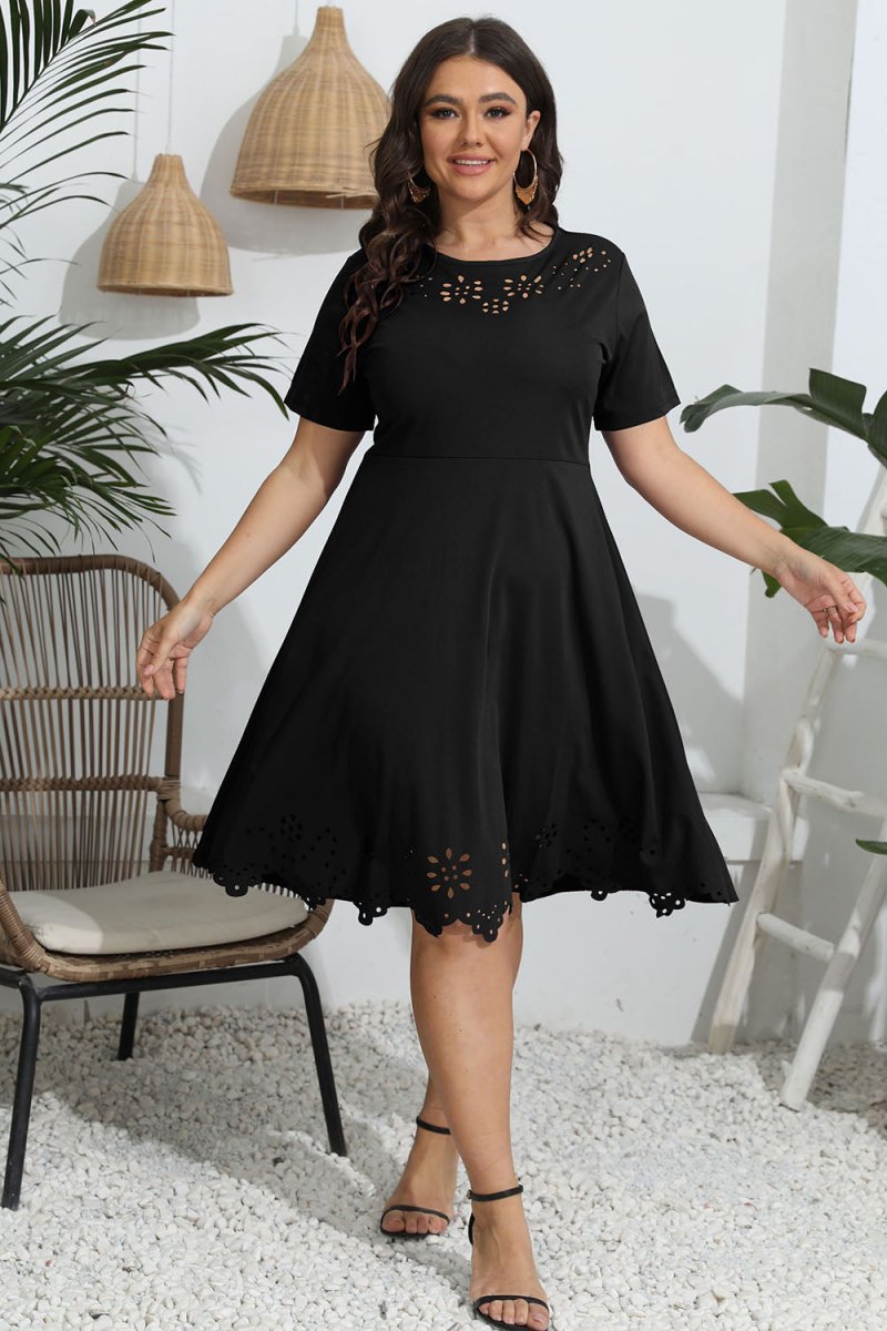 Plus Size Round Neck Openwork Dress - Day Dress