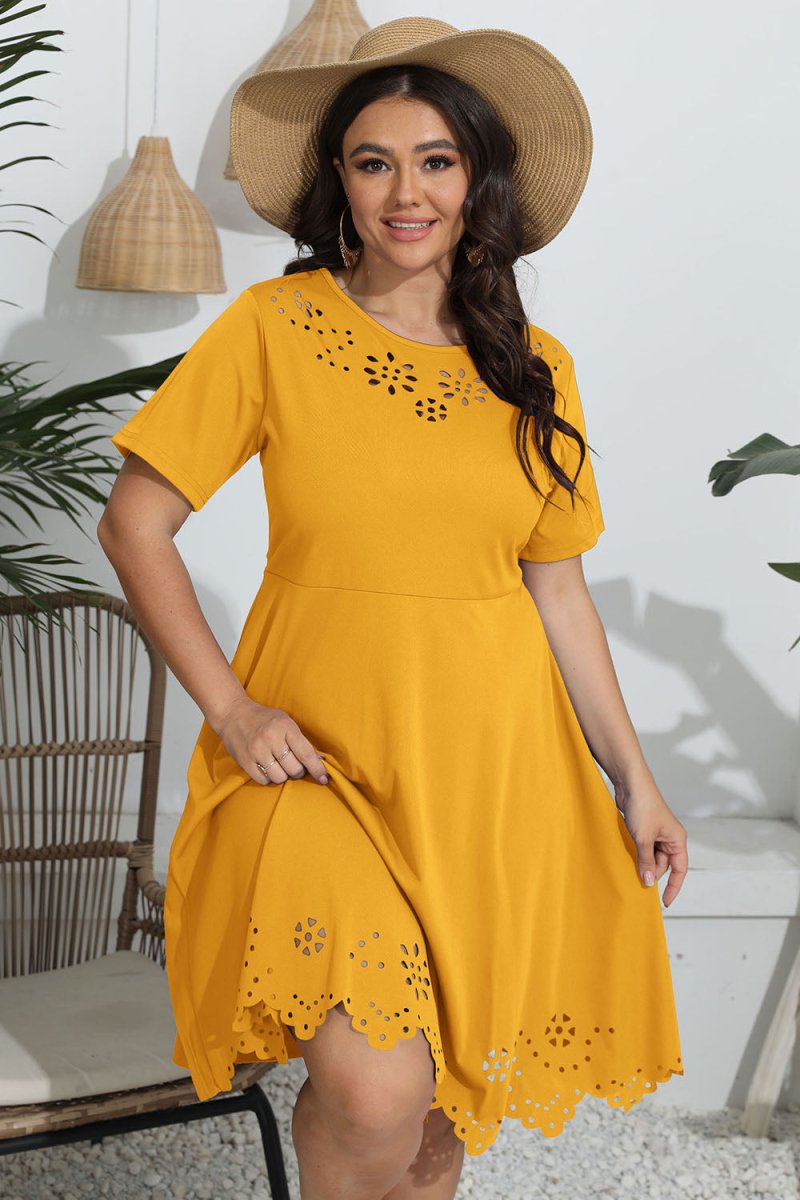 Plus Size Round Neck Openwork Dress - Day Dress