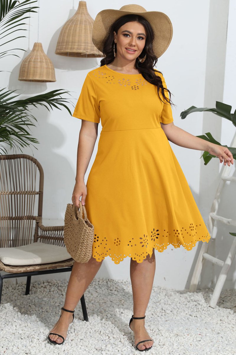 Plus Size Round Neck Openwork Dress - Day Dress